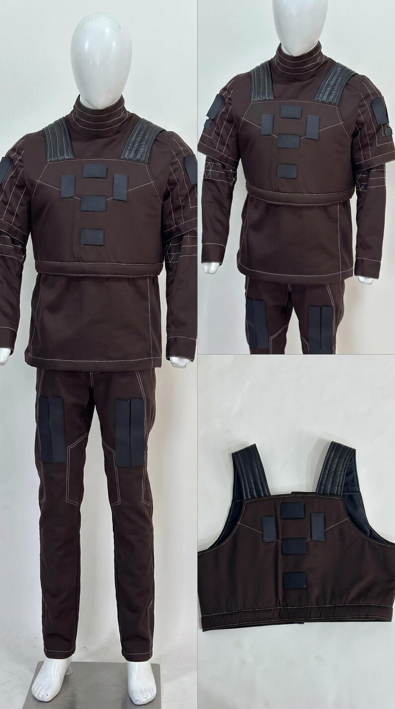 May include: A brown tactical uniform displayed on a mannequin. The outfit includes a long-sleeved top, pants, and a vest, all featuring black accents and white stitching. The uniform is designed with multiple rectangular patches.