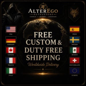 May include: A promotional image for Alter Ego Outfitters, featuring a dark background with a world map graphic. The text reads "Free Custom & Duty Free Shipping Worldwide Delivery." Flags of various countries are displayed, along with the company logo and a hooded figure.