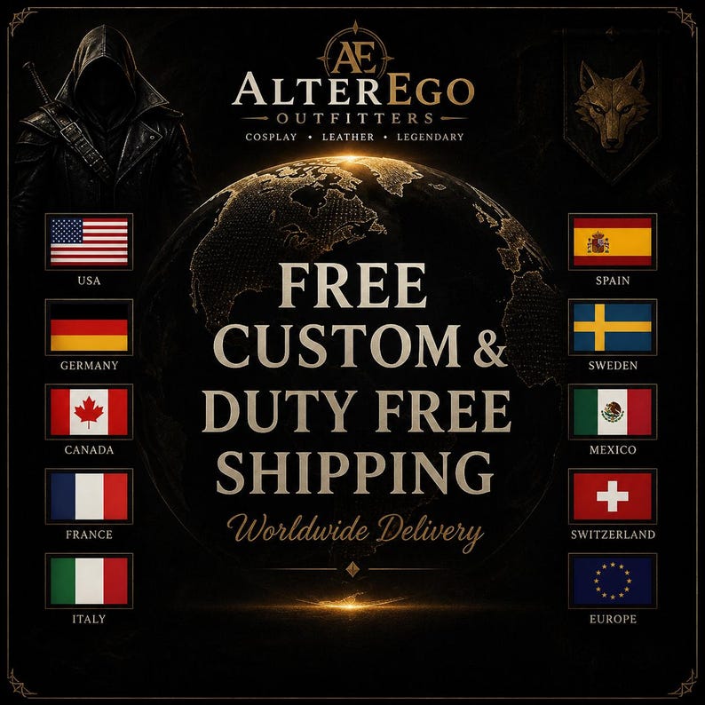 May include: A promotional image for Alter Ego Outfitters, featuring a dark background with a world map graphic. The text reads "Free Custom & Duty Free Shipping Worldwide Delivery." Flags of various countries are displayed, along with the company logo and a hooded figure.