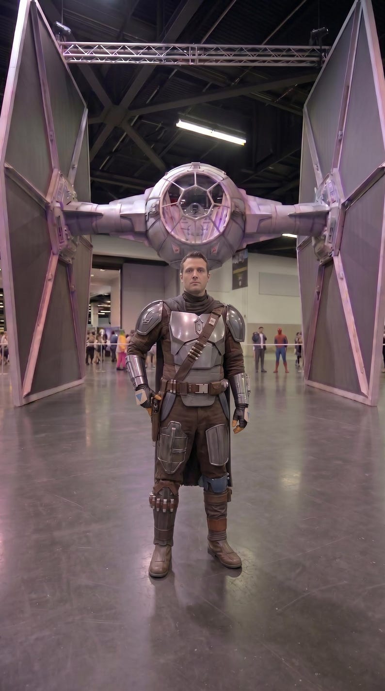 May include: A person in a Mandalorian costume stands in front of a large TIE fighter model. The costume features a silver chest plate, brown and gray armor, and a utility belt. The TIE fighter is gray and black.