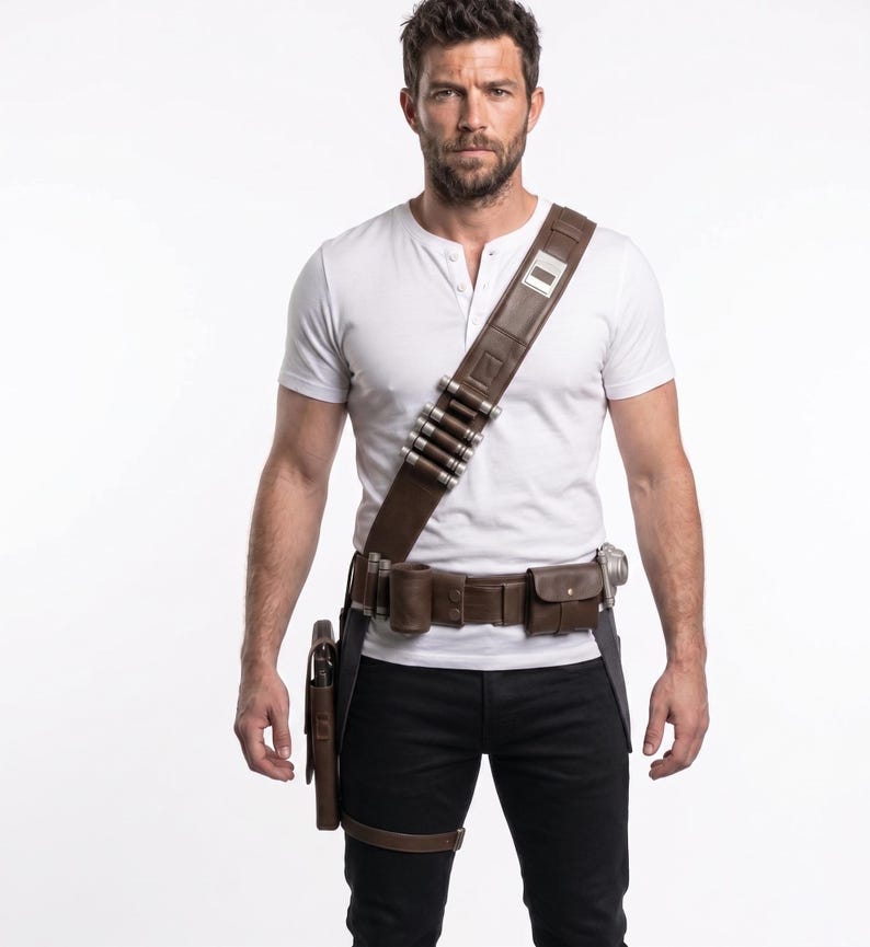 May include: A brown leather utility belt with multiple pouches, a holster, and a shoulder strap with silver-colored details. The belt is worn over black pants and a white Henley shirt. The belt has a leg strap.