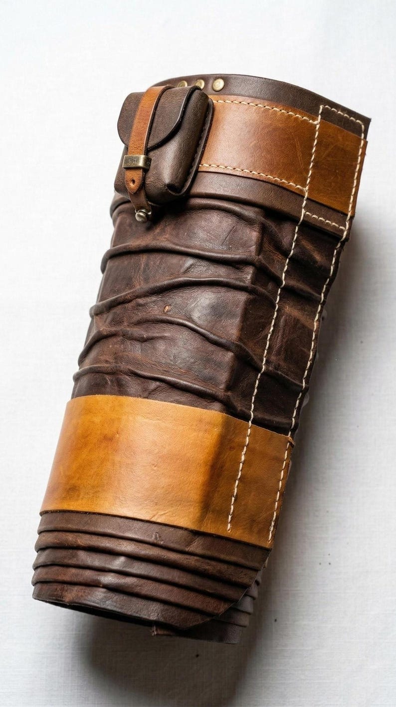 May include: A brown leather arm guard with a small pouch attached. The arm guard features a layered design with stitched accents and a contrasting tan leather band. The pouch has a buckle closure. The overall design is rugged and functional.