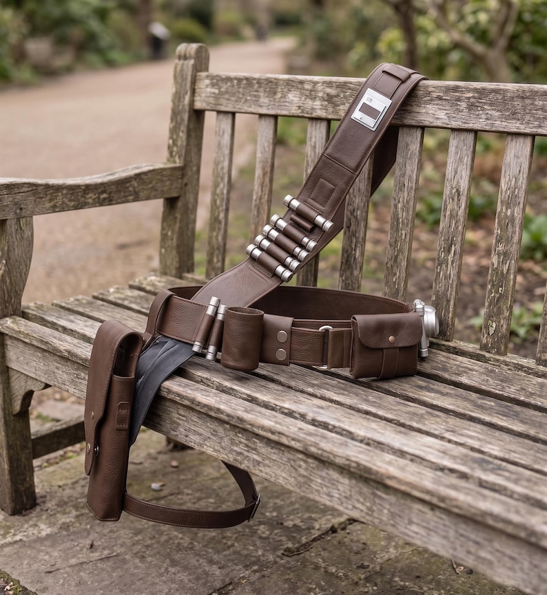 May include: A brown leather utility belt with multiple pouches, cartridge holders, and a silver-colored canister. The belt is resting on a wooden bench outdoors. The belt has a wide shoulder strap and a rectangular metal plate.