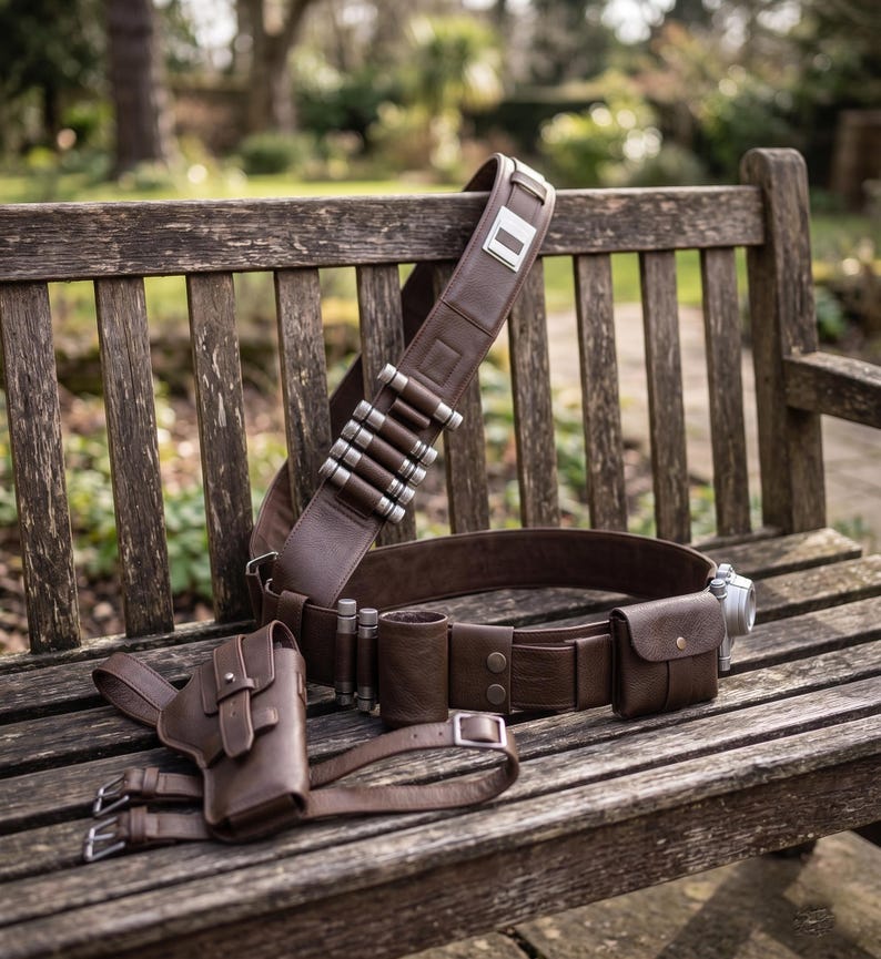 May include: A brown leather belt and holster set with silver accents. The set includes a wide belt with cartridge holders, a shoulder strap, a holster, and a small pouch. The items are displayed on a wooden bench.