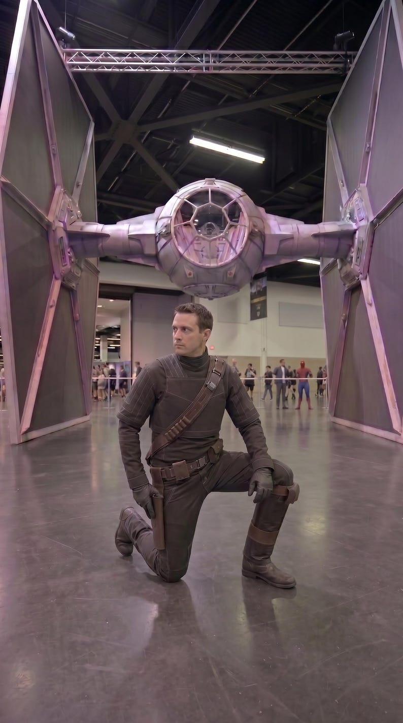 May include: A person kneels in front of a large, detailed model of a TIE fighter. The person is wearing a dark brown costume with a holster and gloves. The TIE fighter is gray and black.