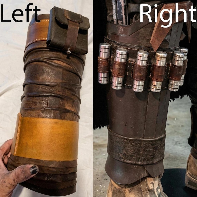 May include: Two brown leather leg armor pieces. The left piece has a small pouch and a tan leather band. The right piece features six silver and brown cylindrical objects attached with leather straps. The armor appears worn and weathered.
