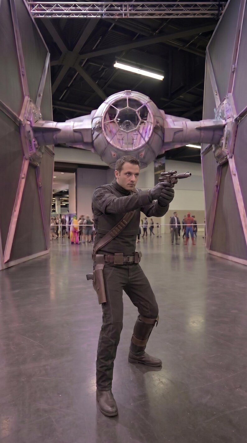 May include: A person in a black costume, holding a gun, stands in front of a large model of a TIE fighter. The scene appears to be at a convention or event, with other people in the background.