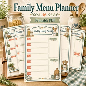 Puede incluir: Un conjunto de páginas PDF imprimibles titulado Family Menu Planner, que incluye una hoja de Weekly Family Menu con secciones para cada día de la semana, notas de compra y notas familiares, decorado con ilustraciones de tarros y cucharas de madera.