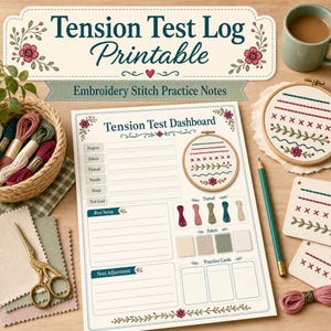 Può includere: Un foglio stampabile Tension Test Log con sezioni per dettagli del progetto, impostazioni e regolazioni. Include un telaio da ricamo con motivi, un cestino di filati, campioni di tessuto, forbici e una matita.