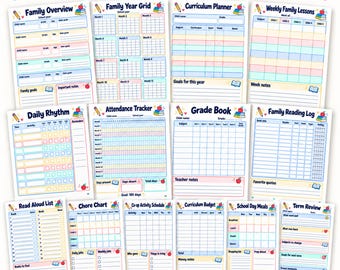 Thuisonderwijsplanner voor meerdere kinderen, ongedateerde gezinsmap, aanwezigheidslijst, cijferboek, lesplannen