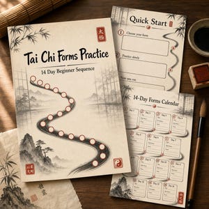 May include: A Tai Chi Forms Practice 14 Day Beginner Sequence workbook with a winding path of circular checkboxes, a Quick Start guide, and a 14-Day Forms Calendar. The pages feature ink-wash style illustrations of mountains and bamboo.