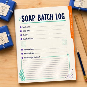 Op de afbeelding: Een wit papieren zeepbatchlogboek met donkerblauwe tekst met de tekst SOAP BATCH LOG, Test Journal en Page 1 of 6. De pagina bevat velden voor batchnaam, datum, test-ID, doel, referentiebatch en notities, met blauwe en groene accenten.