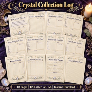 May include: A 12-page Crystal Collection Log printable set featuring cream-colored sheets with gold celestial and floral borders. Includes How to Use, Index, Stone Profile Cards, Wishlist, Care Log, Display Shelf Planner, and Lined Notes.