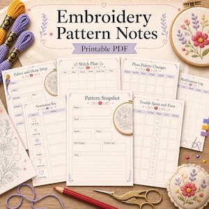 Peut inclure: Un ensemble de feuilles de notes pour modèles de broderie imprimables avec des sections pour le plan de points, les changements de palette de fils, la clé d'annotation, l'aperçu du modèle et les correctifs. Inclut du fil, un tambour et un pelote.