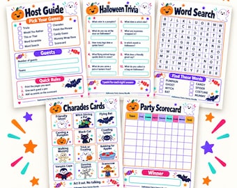 Halloween Party Games Bundel: Quiz, Woordzoeker, Charades (PDF-download)