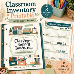 May include: A classroom inventory printable teacher supply tracker set featuring 8 printable pages. The document includes a cover page with illustrations of school supplies and a detailed inventory log sheet with sections for writing tools and paper.
