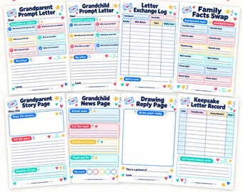 Cartas abuelos y nietos imprimibles, kit de correspondencia con preguntas, respuestas con dibujo y registro de recuerdos