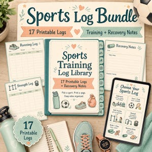 May include: A sports log bundle featuring a central binder titled Sports Training Log Library with 17 printable logs and recovery notes. The set includes various printed log sheets, a digital tablet displaying sports categories, a water bottle, and a trainer.