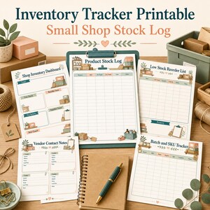May include: A set of printable inventory tracker sheets including a Shop Inventory Dashboard, Product Stock Log, Low Stock Reorder List, Vendor Contact Notes, and Batch and SKU Tracker. The pages feature soft-toned illustrations of boxes.