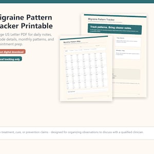 May include: An 8-page US Letter PDF Migraine Pattern Tracker printable with dark teal headers. The document includes a Monthly Pattern Map, 7-Day Check-in, and appointment prep sections. Text includes 'Migraine Pattern Tracker' and 'Track patterns. Bring clearer notes.'