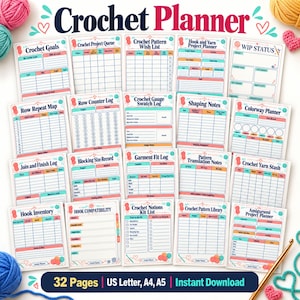 May include: A collection of printable planner pages titled Crochet Planner, featuring sections for project tracking, yarn stash, hook inventory, and pattern notes. The white sheets have teal and coral borders with text in English.