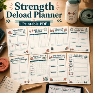May include: A Strength Deload Planner printable PDF set featuring eight pages with headers like Deload Week Dashboard, Lift Swap Planner, Volume and Effort Log, Energy and Readiness Notes, Mobility and Warm-Up Menu, Recovery Habit Checklist, Next Block Reflection, and Quick Start and Print Tips.