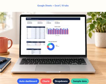 Jaarlijkse budgetplanner (spreadsheet, Google Sheets + Excel), dashboard, factuurtracker (digitale download)