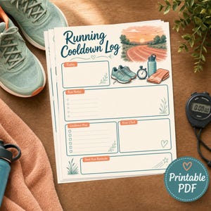 Può includere: Un foglio stampato di registro di defaticamento per la corsa intitolato Running Cooldown Log con sezioni per Today, Run Notes, Cooldown Plan, How I Feel e Next Run Reminder. L'intestazione include un'illustrazione di una pista, scarpe da corsa, cronometro, borraccia e asciugamano.