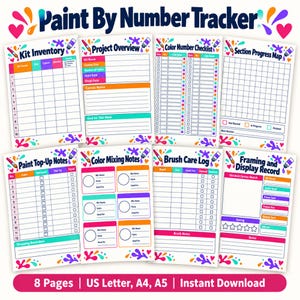 Può includere: Un set di tracciamento Paint By Number con otto pagine stampabili, intestazioni e bordi colorati. Include inventario dei kit, panoramica del progetto, lista di controllo dei colori, mappa dei progressi, note sulla vernice, note sulla miscelazione, registro della cura dei pennelli e record di incorniciatura.
