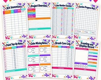 Registro de pintura por números y seguimiento de kits imprimible, lista de colores, mapa de secciones y notas de pinceles