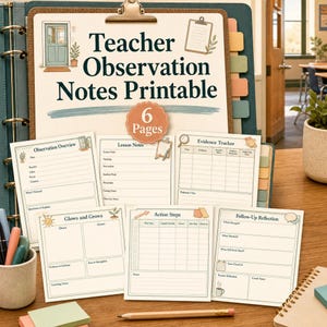 Può includere: Un set di sei pagine stampabili di note di osservazione per insegnanti visualizzate su una cartellina. Le pagine presentano sezioni intitolate Observation Overview, Lesson Notes, Evidence Tracker, Glows and Grows, Action Steps e Follow-Up Reflection con testo blu e illustrazioni.