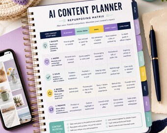 Puede incluir: Un planificador de contenido de IA con encuadernación en espiral que presenta una matriz de reutilización con columnas para blogs, redes sociales, correo electrónico, video y contenido largo. Incluye pestañas mensuales y un bolígrafo azul.