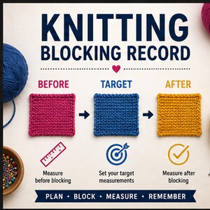 Puede incluir: Una tabla de registro de bloqueo de tejido con tres muestras tejidas en rosa, azul y amarillo. El texto dice: KNITTING BLOCKING RECORD, BEFORE, TARGET, AFTER, Measure before blocking, Set your target measurements, Measure after blocking, PLAN, BLOCK, MEASURE, REMEMBER.