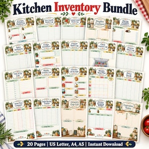 Può includere: Un set per l'inventario della cucina composto da 20 pagine stampabili con illustrazioni a tema. Ogni pagina include tabelle organizzate per tracciare scorte, liste della spesa e piani alimentari, con titoli come Kitchen Inventory Dashboard.