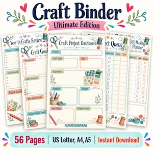 May include: A set of printable craft planner pages titled Craft Binder Ultimate Edition. The pages feature sections for Year in Crafts Review, Craft Goals, Craft Project Dashboard, Project Queue, and Gift Making Planner with illustrations of scissors, thread spools, buttons, and pencils. Text includes 56 Pages, US Letter, A4, A5, Instant Download.
