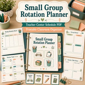 Puede incluir: Una carpeta Small Group Rotation Planner con hojas organizadoras de aula imprimibles que incluyen un tablero de rotación semanal, lista de grupos, tarjetas de tareas y notas para el profesor, con detalles en verde y naranja e iconos.