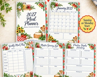 Printbare maaltijdplanner voor 2027, maandmenu, boodschappenlijst en voorraadkast (digitale download)