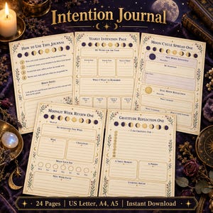Könnte beinhalten: Ein Set aus fünf bedruckten Seiten für ein Intention Journal mit Mondphasen-Illustrationen, floralen Rändern und Abschnitten mit den Titeln How to Use This Journal, Yearly Intention Page, Moon Cycle Spread One, Moonlit Week Review One und Gratitude Reflection One.