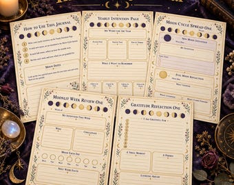 Printbaar intentiedagboek met prompts voor nieuwe en volle maan, pagina's voor dankbaarheid, Celestial Dark Academia