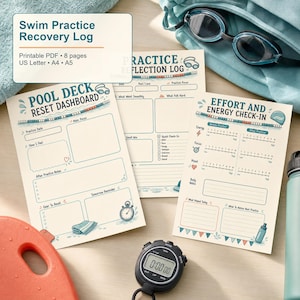 May include: A set of three printable pages titled Swim Practice Recovery Log, Pool Deck Reset Dashboard, Practice Reflection Log, and Effort and Energy Check-In. The pages feature blue and orange text, swimming icons, and blank fields for tracking.