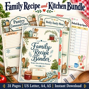 Pode incluir: Um pacote de receitas familiares e cozinha que inclui um fichário de receitas, centro de comando de despensa, menu familiar semanal e registro de potluck. As páginas mostram ilustrações de utensílios e ervas, com 31 páginas no total.