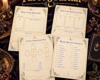 Printbaar tarotdagboek, logboek voor dagelijkse kaartleggingen, leggingstracker, pagina's voor een leesnotitieboekje in Dark Academia-stijl