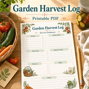 Registro de cosecha del jardín imprimible, registro de recolección de verduras en PDF, diario de rendimiento y planificador de conservación.