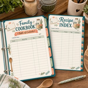Afdrukbare pagina's gezinskookboek, inhoudsopgave, receptenindex (pdf-download)