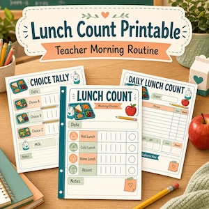 May include: Three white paper sheets titled Lunch Count Printable, Choice Tally, and Daily Lunch Count. The forms feature colorful illustrations of lunch trays, milk cartons, apples, and pencils, with designated spaces for dates, tallies, and notes.