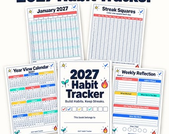 Printbare gewoonte-tracker voor 2027, grafiek voor een reeks van 365 dagen, wekelijkse reflectie (pdf-download)