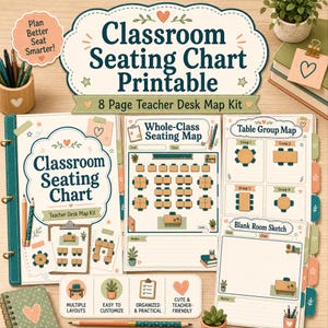 May include: A classroom seating chart printable kit featuring 8 pages of teacher desk maps. The set includes templates for whole-class seating, table group maps, and blank room sketches with decorative heart and plant icons in teal and orange.