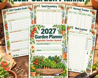 Printbare tuinplanner voor 2027, maandelijkse plantkalender, zaadinventaris, oogstlogboek (PDF)