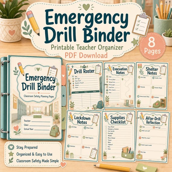 Emergency Drill Binder Printable, Classroom Safety Planning Pages PDF, Teacher Organizer