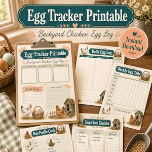 May include: A set of printed egg tracker sheets on a clipboard, featuring a backyard chicken egg log, daily egg log, weekly egg tally, and coop chore checklist. The pages include illustrations of chickens, baskets of eggs, and a coop.